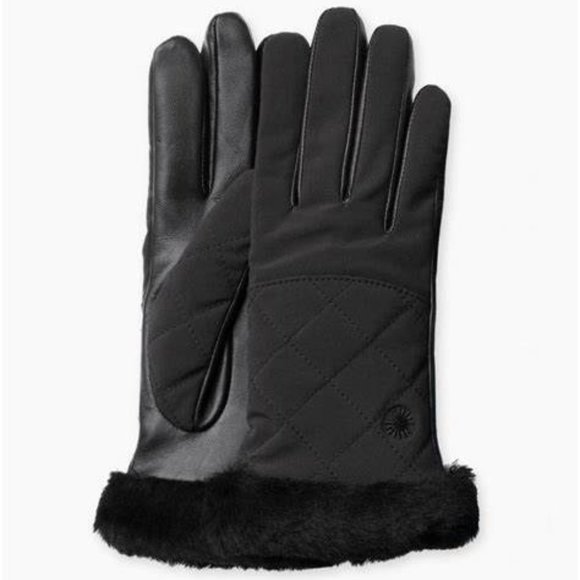 NWT WOMEN'S QUILTED LEATHER FUR LINED SMART GLOVES BLACK‎ S/M - Picture 1 of 6